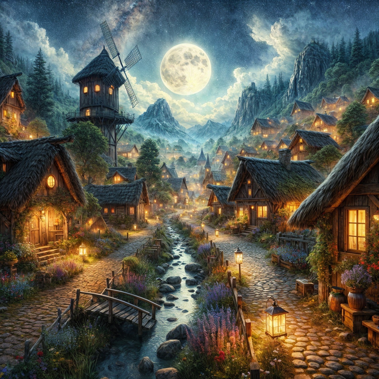 Moonlit Village Among Mountains with Rustic Houses