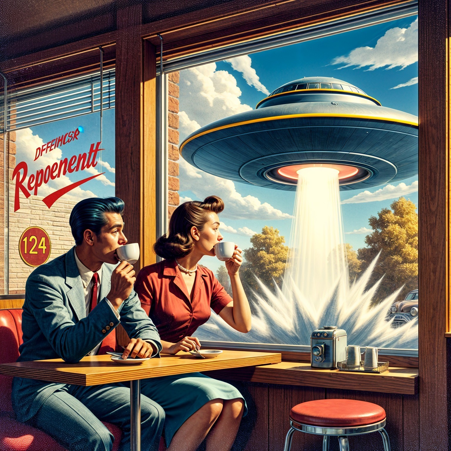 Nostalgic Diner Scene with UFO and Retro Decor