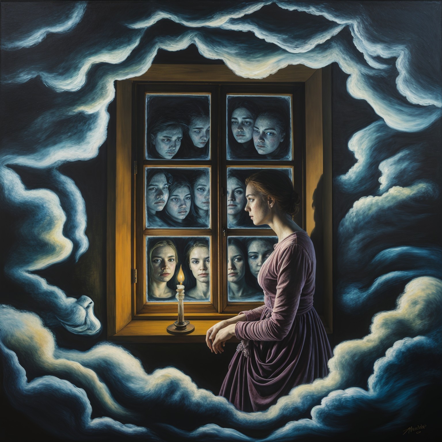 Woman Gazing Out Window with Reflections and Candlelight