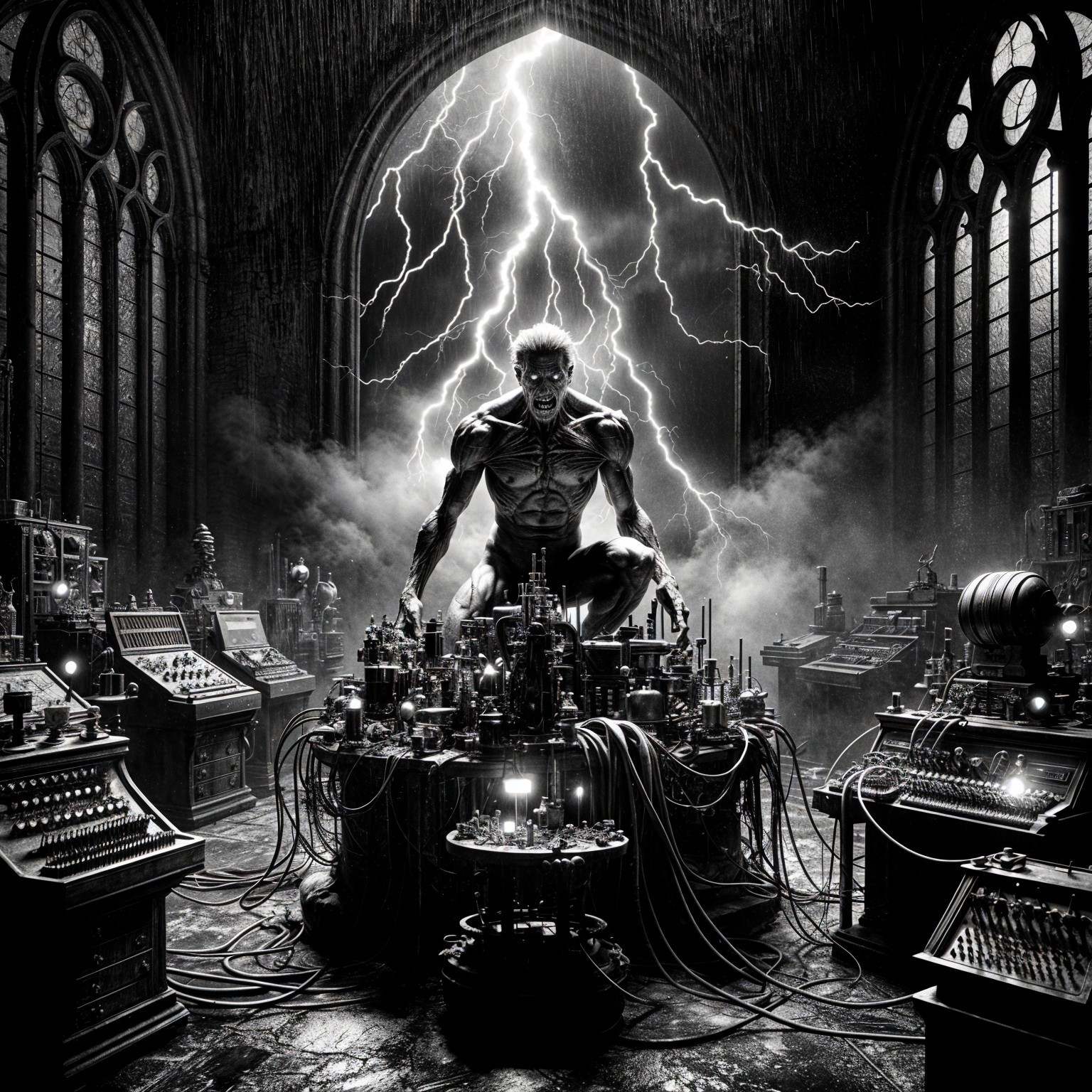 Gothic Scene with Muscular Figure and Steampunk Machinery