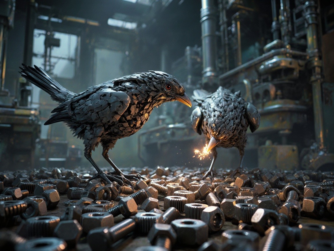 Metallic Birds in Industrial Setting with Debris