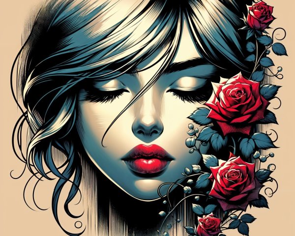 Stylized Portrait of Woman with Red Roses