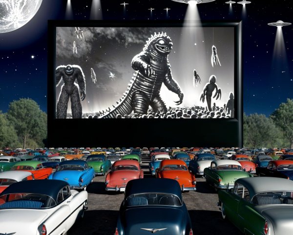 Vintage Drive-In Theater with Classic Cars and Monsters