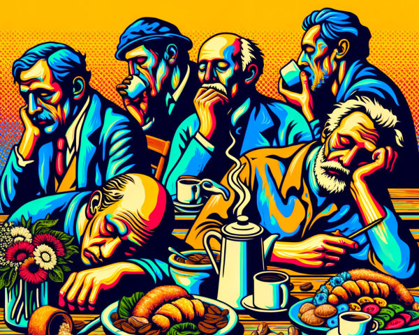 Group of Men Contemplating at a Table of Pastries