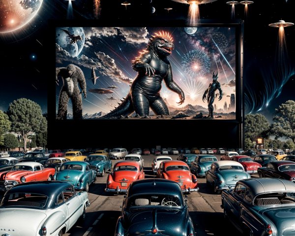 Classic Cars at a Drive-In Theater with Sci-Fi Movie