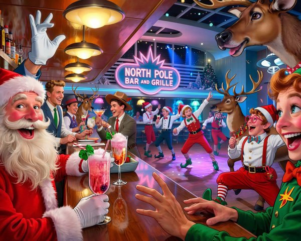 Festive Scene at North Pole Bar with Santa Claus