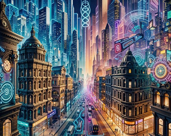 Futuristic Cityscape with Neon Lights and Skyscrapers