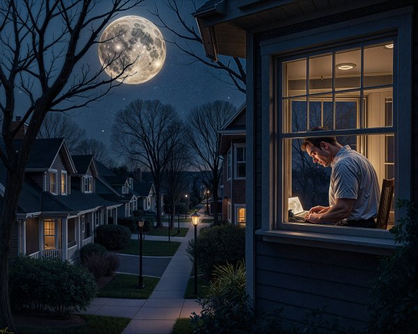 Young man at desk by window in moonlit neighborhood