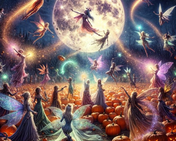 Moonlit Night with Fairies and Glowing Pumpkins
