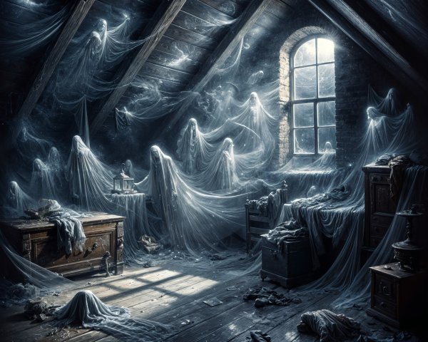 Ethereal Figures in a Dimly Lit Attic Scene
