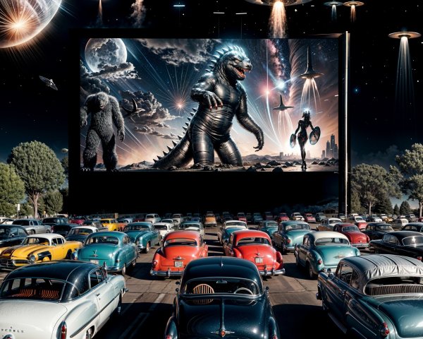 Retro Drive-In Theater with Classic Cars and Monsters