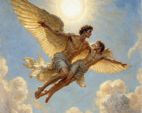 Ethereal Figures with Wings in a Bright Sky