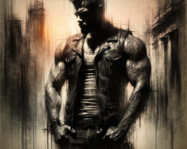 Muscular Figure in Dark Atmosphere with Tattoos