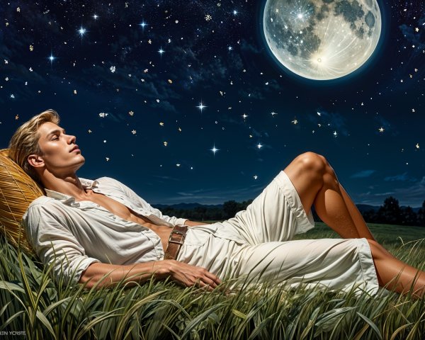 Young man gazing at moon and stars in serene field