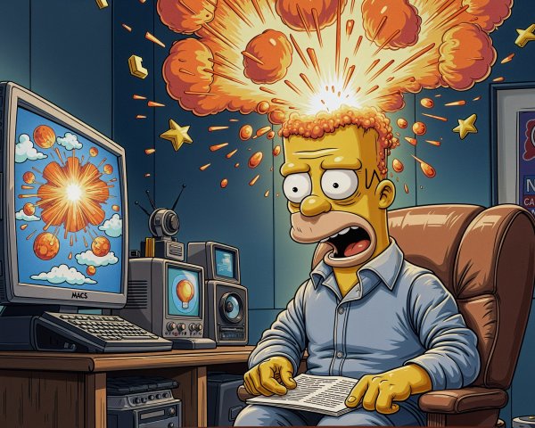Cartoon Character with Exploding Head and Retro Gadgets