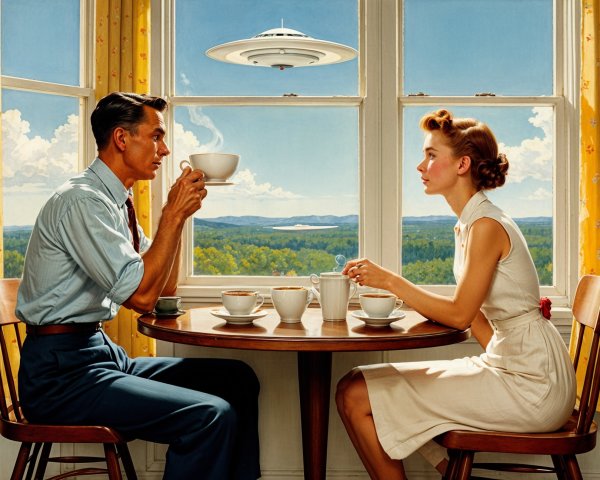 Cozy Café Scene with Flying Saucer Overhead