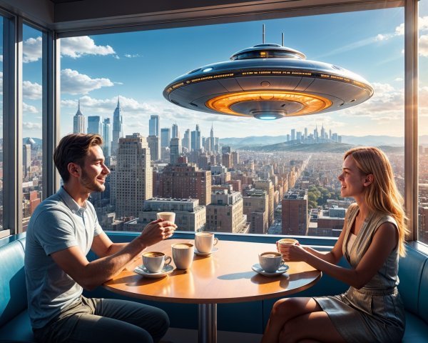 Futuristic Café Scene with Skyline and UFO