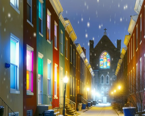 Snowy Alleyway with Colorful Row Houses and Church