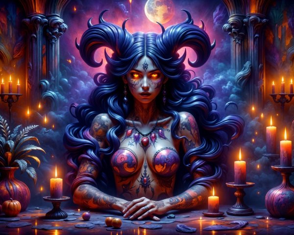 Mystical Figure at Candlelit Altar with Nature Elements