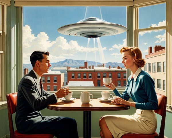 Retro Café Scene with UFO Over City Skyline