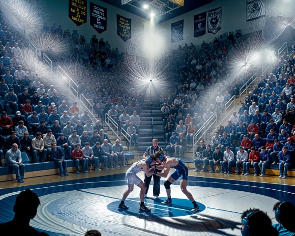 Wrestlers Compete in Packed Gymnasium Under Bright Lights