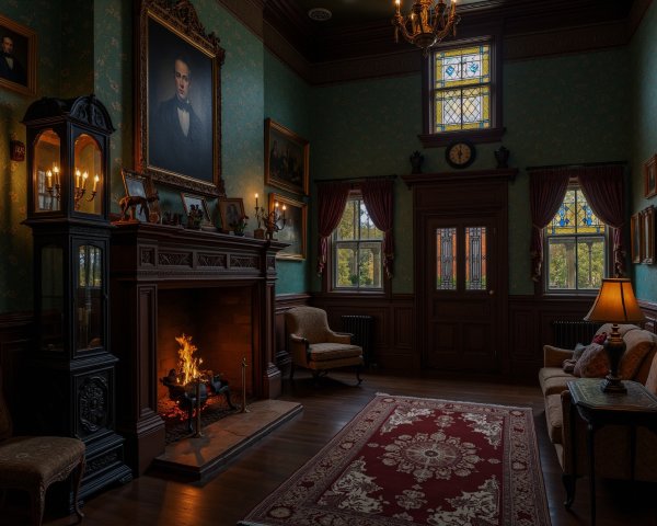 Classic Elegant Room with Blue Wallpaper and Fireplaces