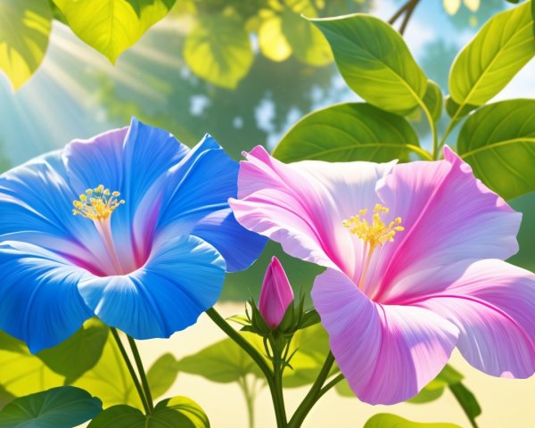 Vibrant Flowers in Blue and Pink with Green Leaves