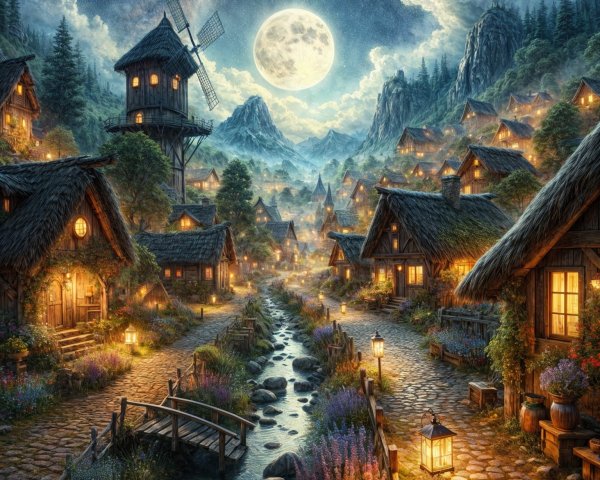 Moonlit Village Among Mountains with Rustic Houses