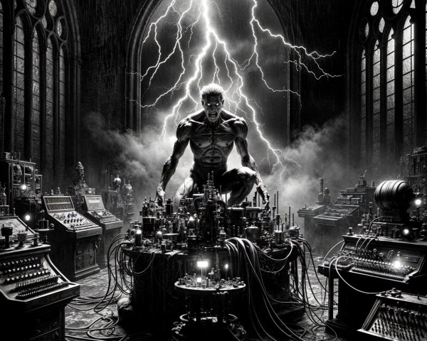 Gothic Scene with Muscular Figure and Steampunk Machinery