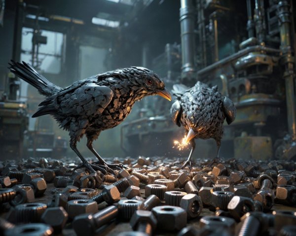 Metallic Birds in Industrial Setting with Debris