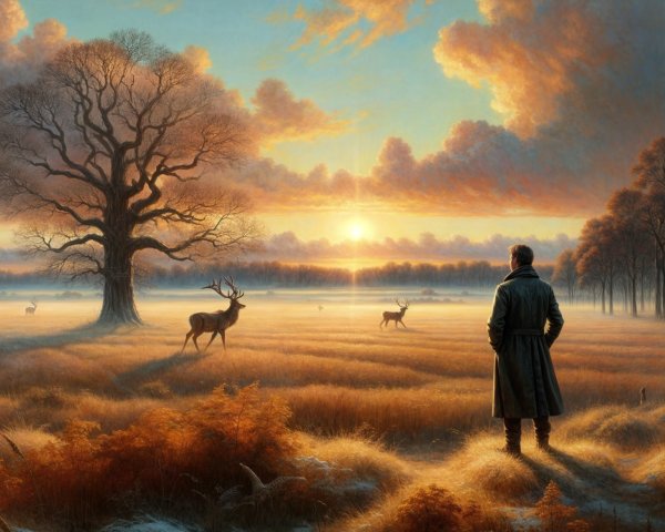 Serene Sunrise Landscape with Deer and Silhouetted Tree