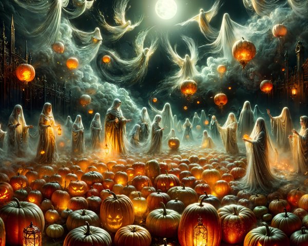 Haunting Halloween Scene with Ghosts and Pumpkins