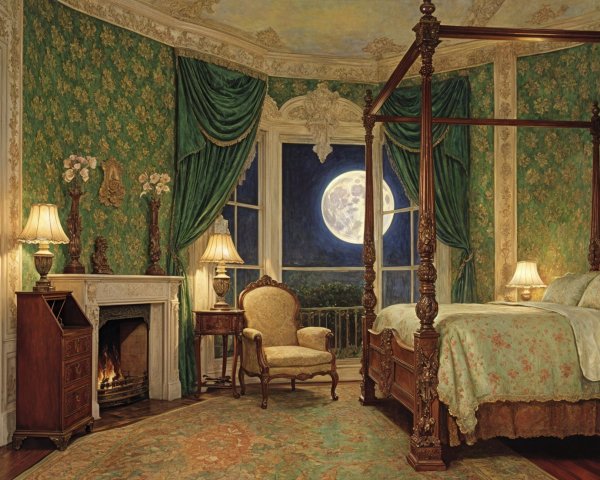 Elegant Bedroom with Four-Poster Bed and Moonlight