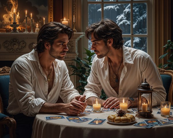 Identical Men Reading Tarot in Cozy Room with Snow