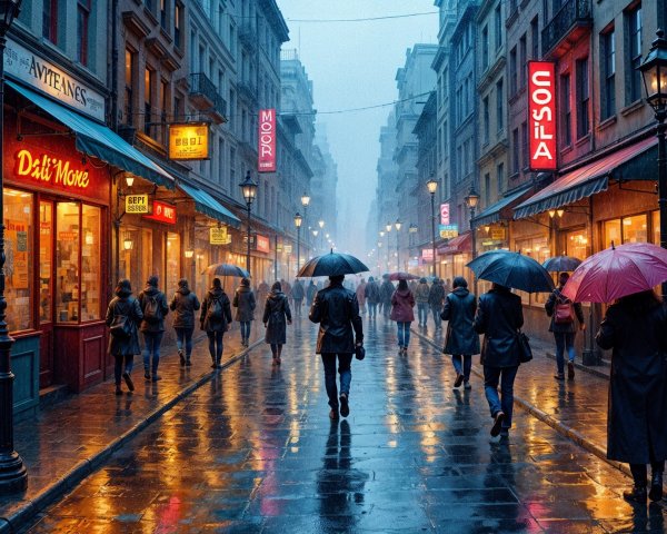 Rainy City Street with Neon Lights and Umbrellas