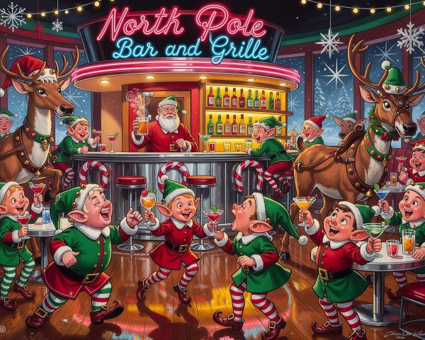 Santa Claus Bartending at North Pole Bar and Grille