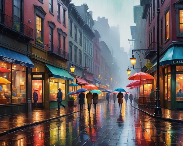 Vibrant Rainy Day Street Scene in an Old City