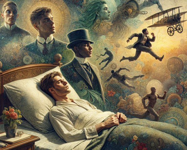 Dreamlike Scene of Young Man in Ornate Bed