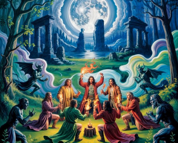 Mystical Gathering Under a Full Moon and Campfire