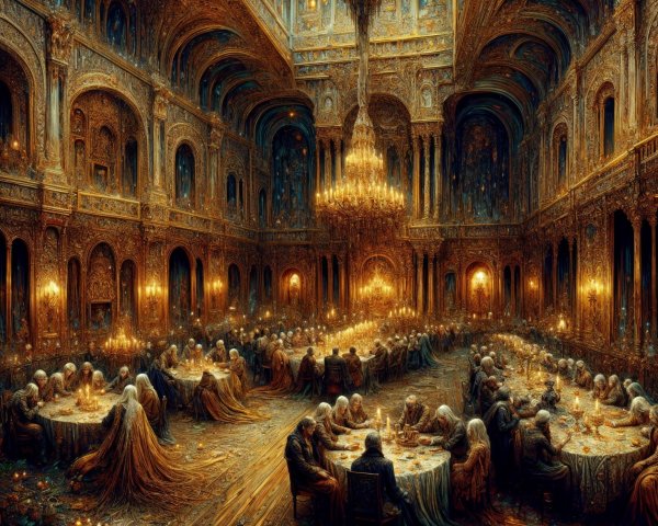 Opulent dining hall with intricate architecture and chandeliers
