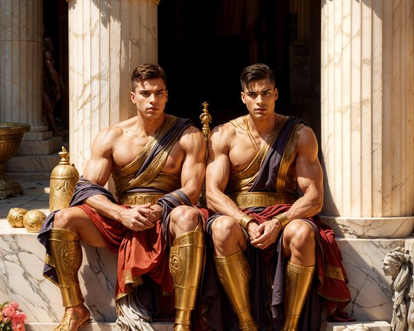 Muscular Men in Ancient Greek Attire on Marble Steps