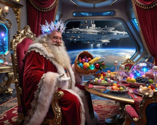 Santa Claus in a lavish futuristic setting with decor