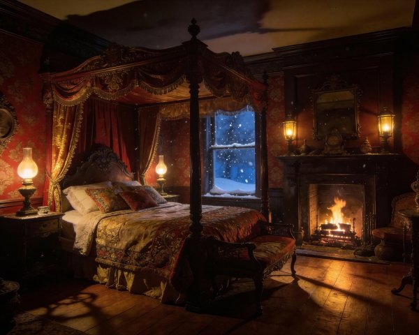 Luxurious Baroque Bedroom with Canopy Bed and Fireplace