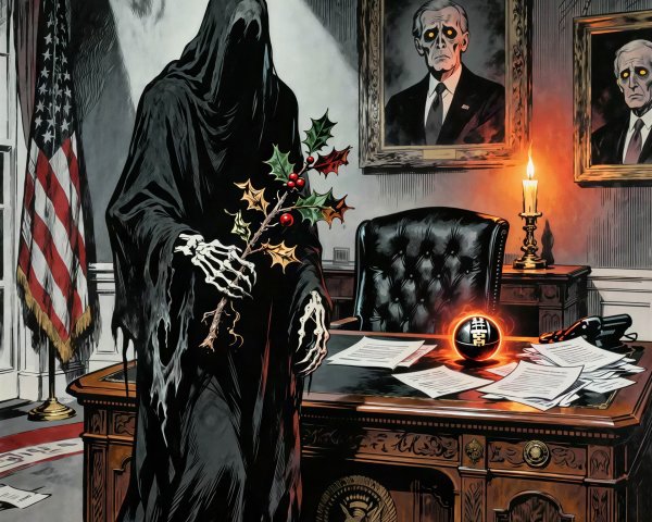 Grim Reaper Figure in Office with American Flag and Portraits