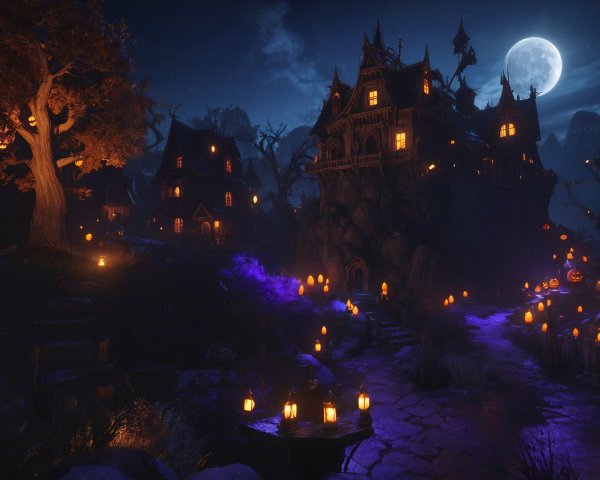 Eerie Nighttime Scene with Glowing Jack-o'-Lanterns
