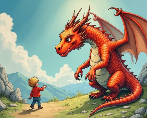 Child Meets Friendly Red Dragon on Scenic Path