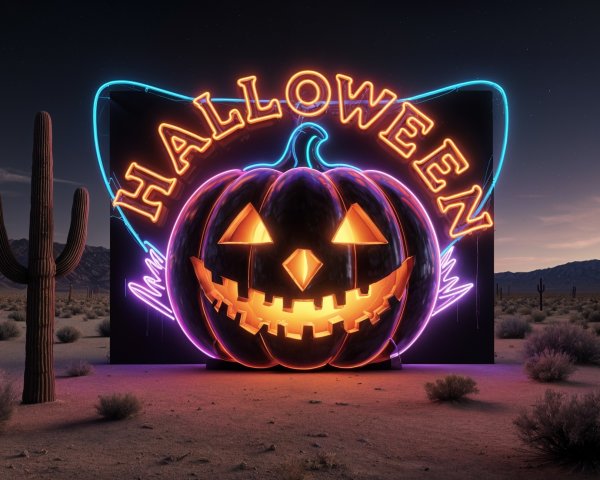 Vibrant Neon Halloween Sign with Jack-o'-Lantern in Desert