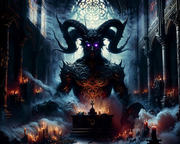 Gothic Cathedral with Dark Armored Figure and Rituals