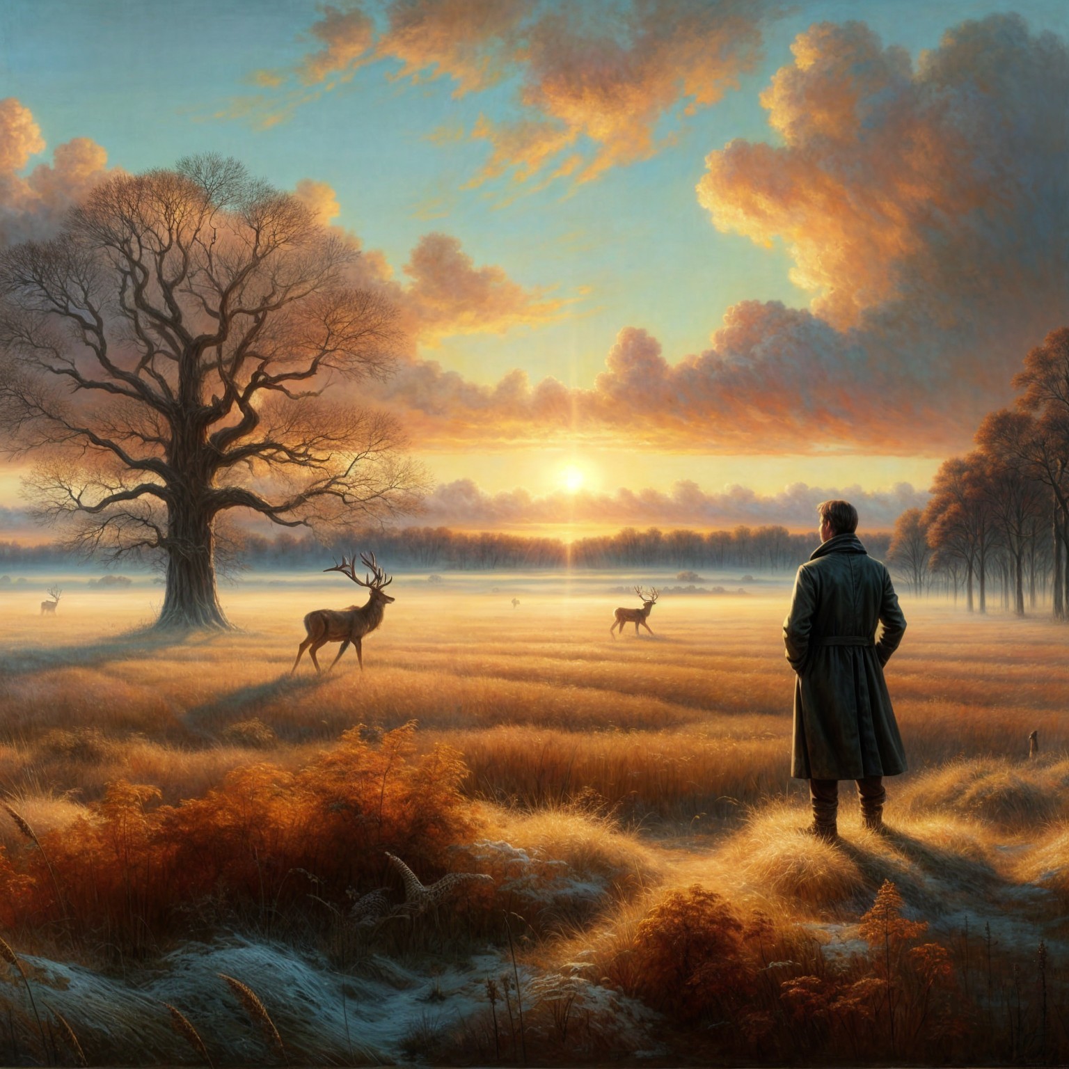 Serene Sunrise Landscape with Deer and Silhouetted Tree