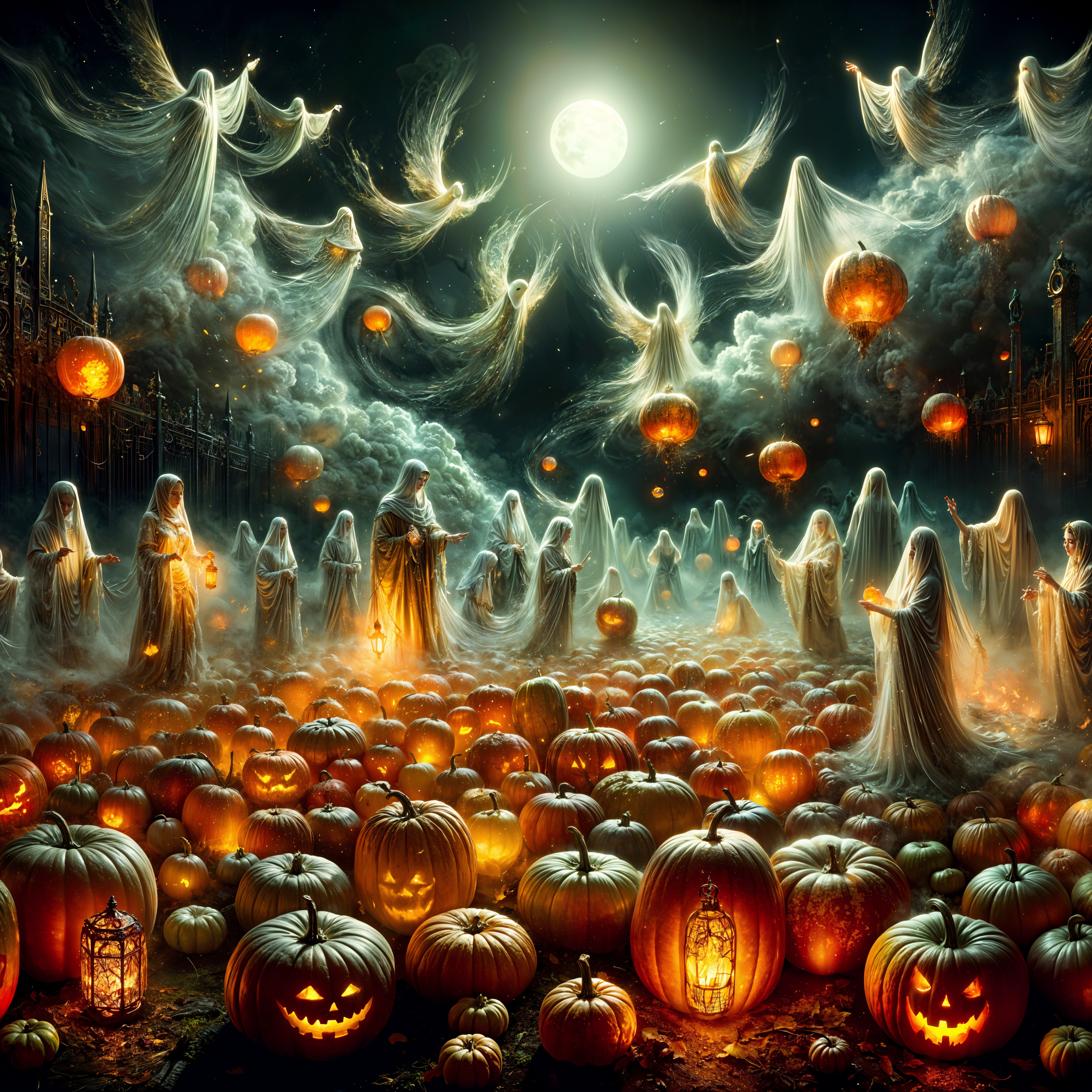 Haunting Halloween Scene with Ghosts and Pumpkins